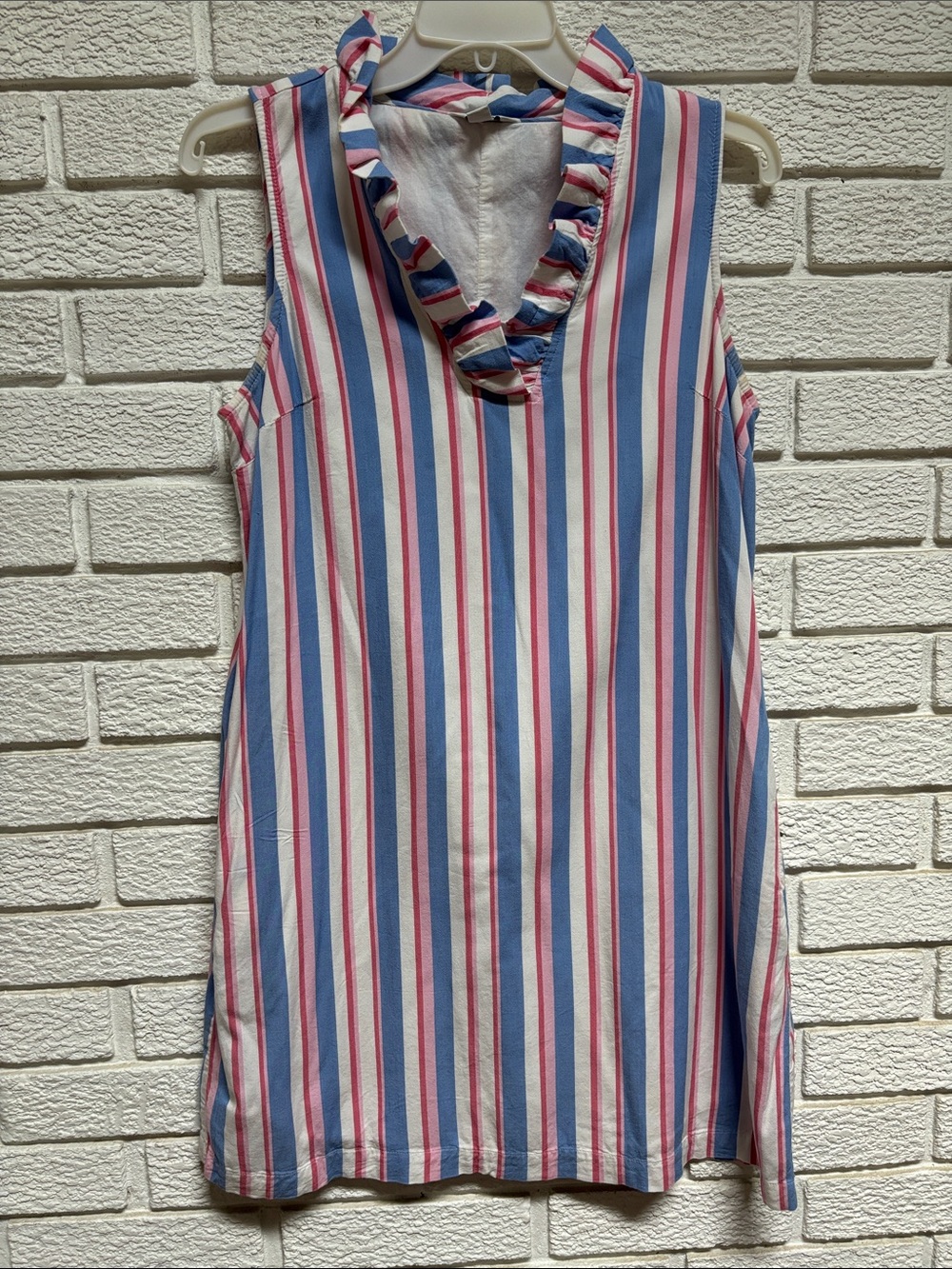 Sleeveless Ruffle V-Neck Striped Tank Top - Blue/Pink/White